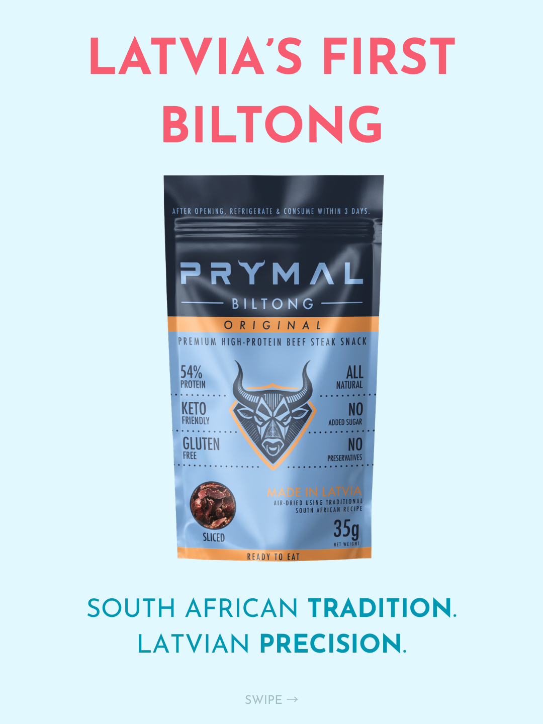 Prymal Biltong packaging with text about Latvia's first biltong, production precision and South African tradition.