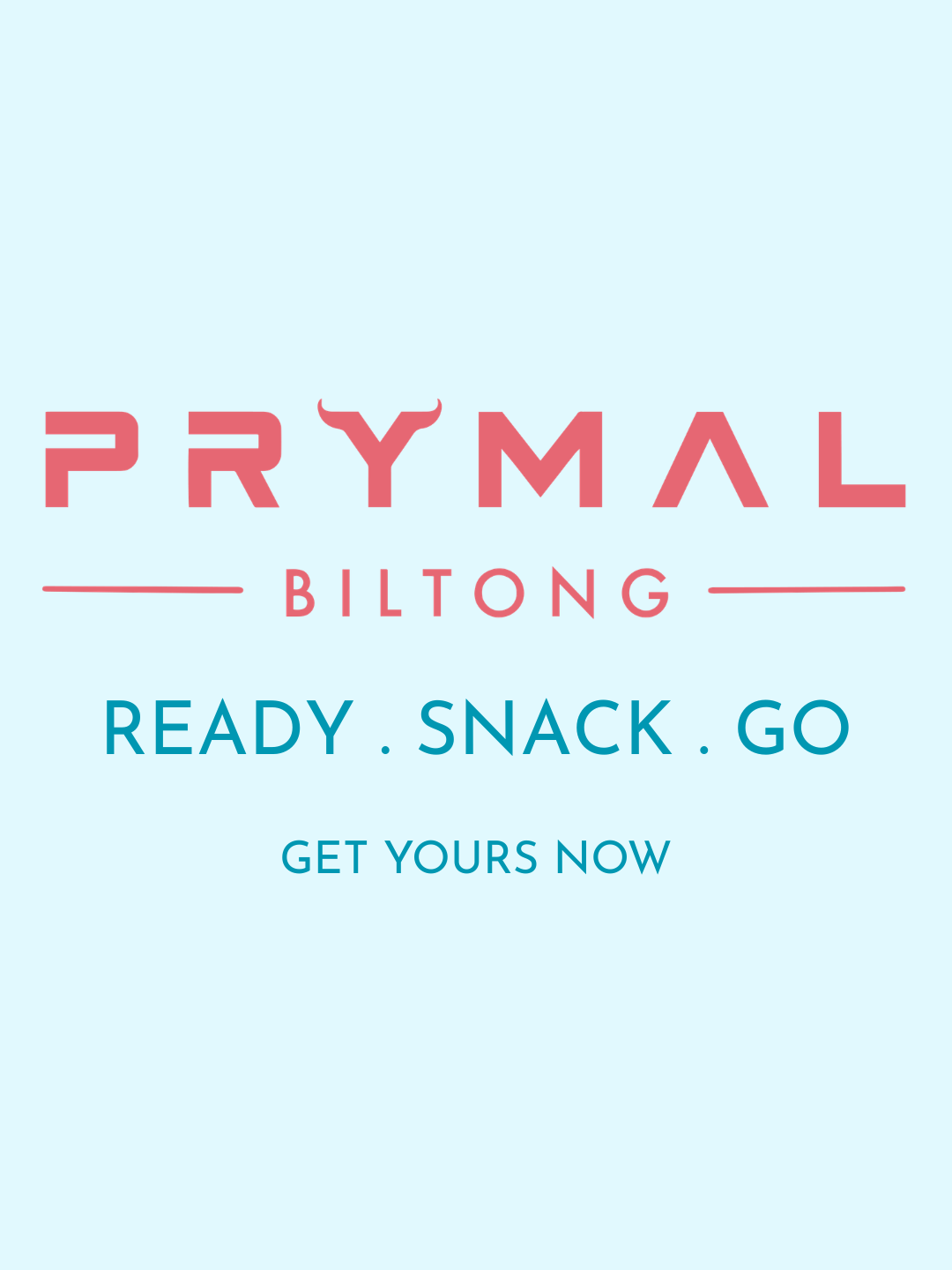 Prymal Biltong logo with text 'Ready. Snack. Go' on a light blue background