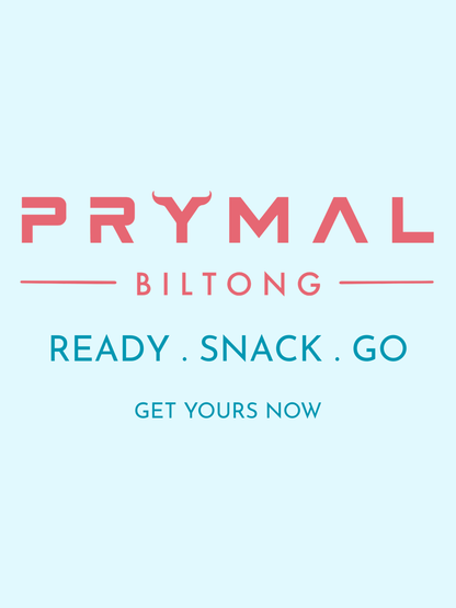 Prymal Biltong logo with text 'Ready. Snack. Go' on a light blue background