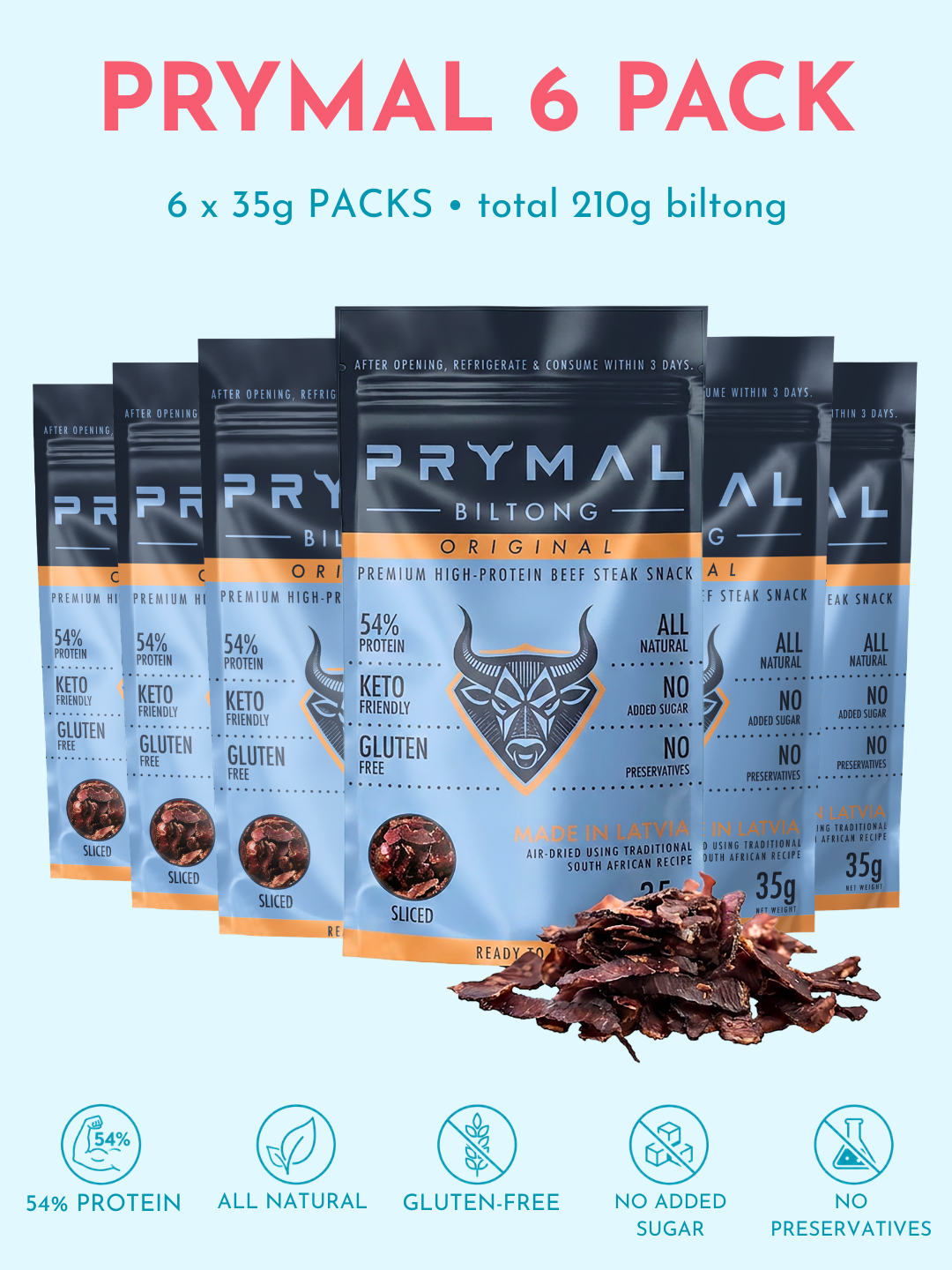 Prymal 6 Pack biltong packages with branding and product details on a light blue background. PRYMAL Original Biltong high protein beef snack.