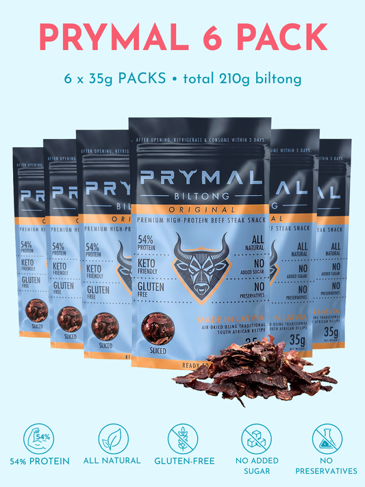 Prymal 6 Pack biltong packages with branding and product details on a light blue background. PRYMAL Original Biltong high protein beef snack.