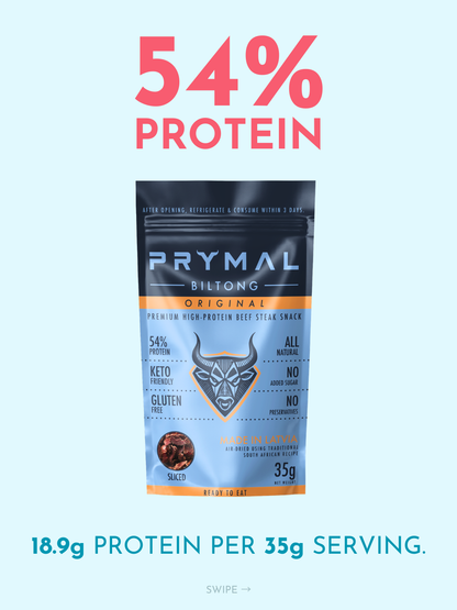PRYMAL Original Biltong high protein beef snack packaging with protein content information